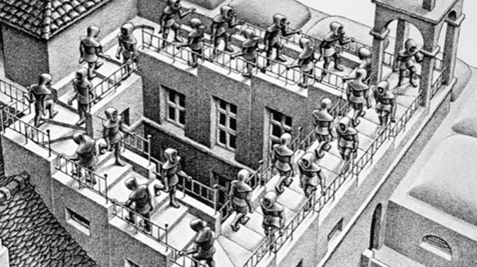 M. C. Escher, Klimmen en dalen, litho, 1960